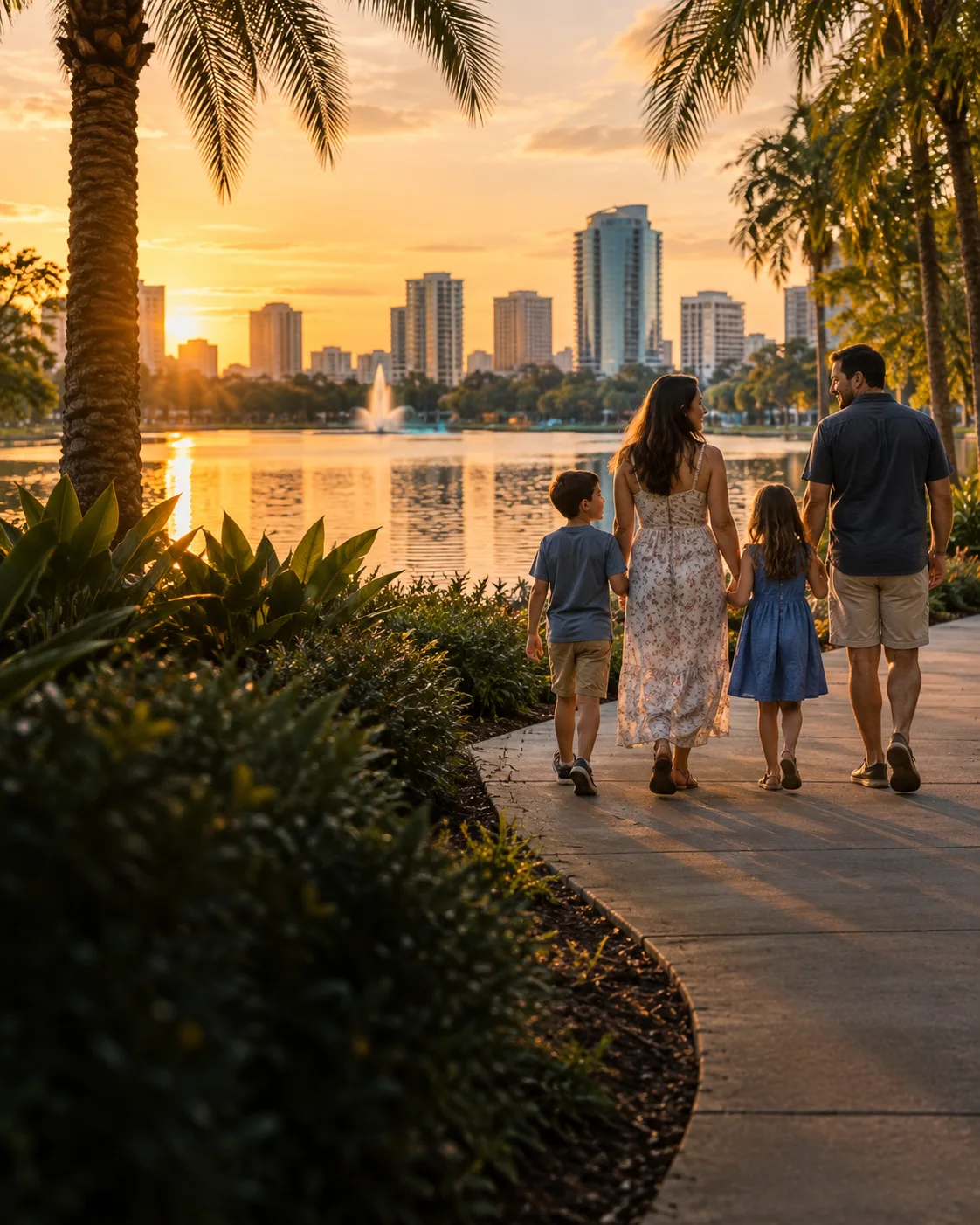 Família caminhando à beira de um lago em Orlando durante as férias, imagem ilustrativa